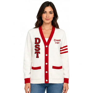 Cardigan en tricot personnalisé pour femme, col en V, boutonné, manches longues, bordure contrastante, style européen, coupe classique, broderie - Product Image 2