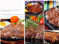 Steak Fajitas Besi Cor Datar Piring Makan Restoran Persegi dengan Dasar Kayu