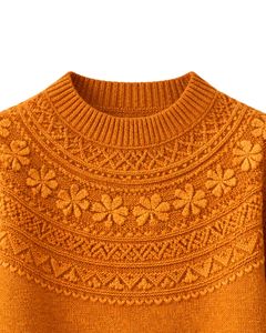 Customized Mustard <b>Orange</b> Jacquard Knit Sweater Floral Textured Crew Neck Long Sleeve Winter Pullover For <b>Women</b> Custom Wholesale - Product Image 4