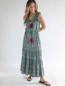 Robe Maxi imprimée en rayonne bohème pour femmes, longueur midi décontractée attrayante avec col en V et manches longues, décoration de boutons tissés - Product Image 3