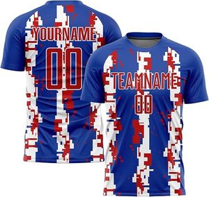 Ensemble de maillots de football de qualité supérieure, impression sublimée, bleu, rouge, blanc, nom de l'équipe 00, col rond, manches courtes, polyester respirant, pour hommes adultes - Product Image 6