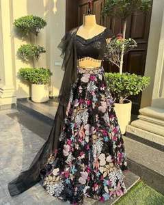 Vêtements indiens et pakistanais à la mode élégants pour adultes Double paillettes broderie travail Cancan toile Patta Lehenga Choli - Product Image 3