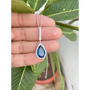 Collar de Plata 925 con Zafiro Azul, Rodio, Diseño de Gota de Agua, Flor Geométrica, Engaste de Diamantes, Cadenas de Oro Rosa para Compromiso - Product Image 2