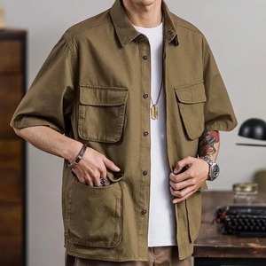 Camisa de Trabajo de Verano para Hombre, Estilo Americano, Informal, Color Caqui, Cinco Bolsillos, Manga Corta, Tejida, Antiarrugas, con Bolsillos - Product Image 3