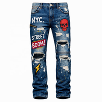 Jean en denim 100 % coton délavé avec rivets brodés, coupe droite ample taille mi-haute, style vintage décontracté pour homme, avec logo personnalisé, idéal pour l'été