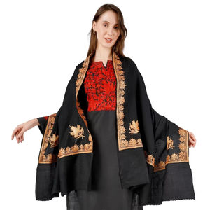 Timeless <b>Black</b> Kashmiri <b>Pashmina</b> <b>Shawl</b> Handcrafted Soft Polyester Wool Breathable Elegant Warm Winter Wrap Solid Embroidery - Product Image 1