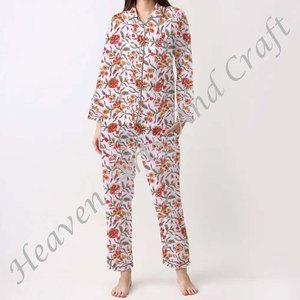 Ensemble de pyjama pour femmes 100% coton, vêtements de maison doux, ensemble de pyjama printemps/été, motif floral/CHARACTERE/Lettre/Motif/Vacances/Arbre, PJ029 - Product Image 5