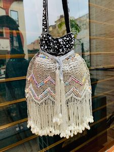 Beaded Satin Lining <b>Clutch</b> Evening Bag with Pearl Fringe Handmade Cross-Body Strap for Party Events - Product Image 1