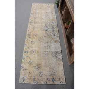 พรมขนสัตว์สไตล์ตุรกีวินเทจ26x84ฟุตงานเย็บปะสีเบจและน้ำเงินผ้าทอแบนยางพาราสำหรับตกแต่งห้องนั่งเล่น - Product Image 1