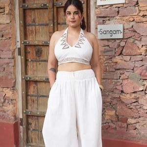 Conjunto de algodón orgánico bohemio Halter Top Bralette y pijama Palazzo hasta el tobillo con estampado informal - Product Image 1