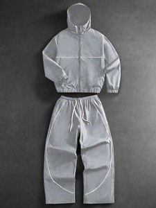 Men's Gray Full Zip Breathable Vintage Solid Tracksuit <b>Set</b> <b>Knitted</b> Polyester Casual Jogger Pants Hooded Collar Jacket Autumn - Product Image 2