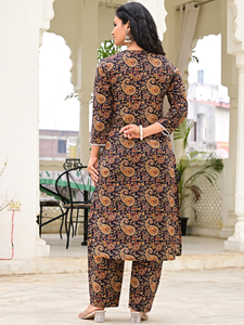 Women Black Floral Print Cotton Salwar Kameez <b>Three</b> <b>Quarter</b> Sleeve Calf Length Long Straight Kurta with <b>Pants</b> Party Summer - Product Image 1