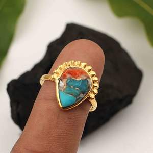 Amazing Spiny Oyster Copper Turquoise Ring 925 Sterling <b>Silver</b> 10x14mm Pear Shape Gold Plated Eternity Vermeil Bohemian Jewelry - Product Image 1