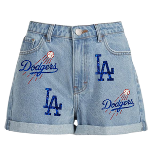 Pantalones cortos de mezclilla de alta calidad para mujer con bordado de lentejuelas Logotipo personalizado Ropa informal para equipos de escuela secundaria del día del juego - Product Image 1