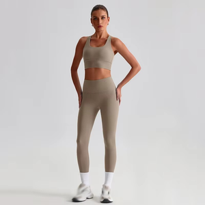Women's Yoga Set Mid Waist <b>Leggings</b> & Sports Bra Solid Front Logo 4-Piece Breathable Seamless Matching Workout Outfit - Product Image 5