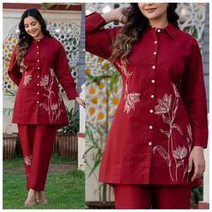 Ensemble de costume 2 pièces pour femmes, décontracté, imprimé floral brodé, manches longues, tissu en toile 100% coton, écologique et respirant - Product Image 3