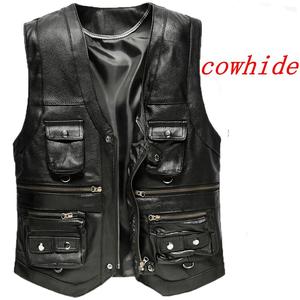 Gilet da uomo in vera pelle di vacchetta di nuova 2025 gilet da uomo senza maniche giacca spessa gilet da motociclista Multi tasca in pelle - Product Image 5