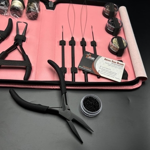 Alicates para extensiones de cabello de acero inoxidable de grado superior, Kit de herramientas con logotipo personalizado negro mate con caja rosa de hilo de cuentas - Product Image 2