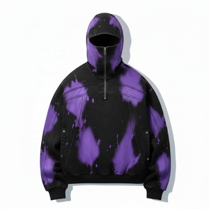 Vente en gros Acid Wash Cover Face Ninja Style Half Zip Pullover Sweat à capuche Masque à capuche 100% coton Surdimensionné Respirant Hommes - Product Image 1