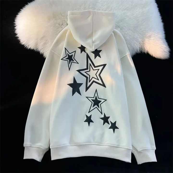 Harajuku Streetwear Sweatshirt Unisex Oversized Y2K Stars Printed Knitted Loose Long Sleeve Hoodies for Women Autumn Winter Tops