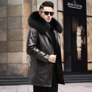 Automne hiver hommes élégant Biker vestes capuche détachable véritable peau de mouton cuir fausse fourrure doublure respirant chauffé tricoté - Product Image 1