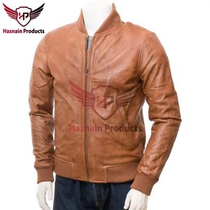 Blouson aviateur en cuir véritable pour homme, couleur tan, col en tricot côtelé classique, fermeture éclair, coupe ajustée, style vintage. - Product Image 2