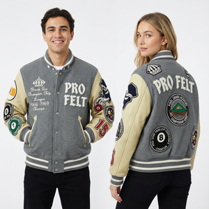 Veste de baseball universitaire à manches en cuir à revers côtelés de style tendance avec patch brodé pour hommes - Product Image 2