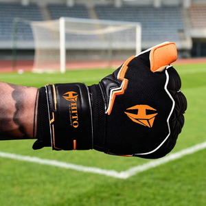 Gants de gardien de but de football en tricot noir et orange, design personnalisé, avec sangle en latex allemand embossé, latex allemand 4 mm, coupe hybride. - Product Image 6