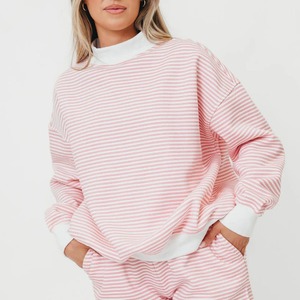 Sudadera Holgada con Cuello Redondo a Rayas Blancas y Rosas para Mujer, Tejida, Transpirable, Informal, para Otoño e Invierno, Bordada, Cómoda, 2025 - Product Image 1