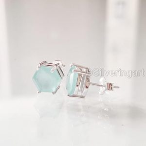 Boucles d'oreilles clous pour femmes, chalcédoine aqua naturelle, mariage, Noël, Saint-Valentin, bijoux faits à la main, boucles d'oreilles clous en argent sterling 925 - Product Image 1