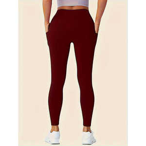 Leggings sculptants taille haute pour femme, couleur bordeaux unie, avec doubles poches et effet push-up, en tissu extensible confortable - Product Image 2