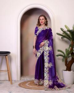 <b>Purple</b> Color Indian Designer Soft Silk <b>Saree</b> Wedding wear and Party Wear <b>Saree</b>, Embroidery Work <b>Saree</b>, Wedding Wear <b>Saree</b>. - Product Image 1
