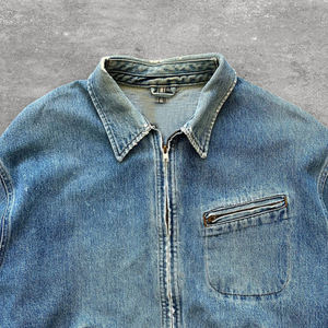 Veste en jean vintage slim pour homme, de haute qualité, personnalisée, avec finition délavée, fermeture éclair, col rabattable et imprimé, style workwear - Product Image 4
