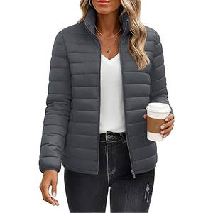 Winter <b>Women</b> Puffer <b>Jacket</b> Padded Quilted Coat Full Zipper Stand Collar <b>Lightweight</b> Warm Fashion Outerwear Dark Grey - Product Image 1