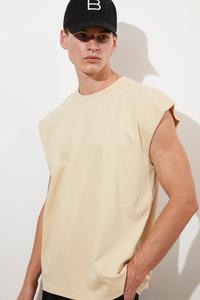 Personalizado al por mayor de los hombres Streetwear 100% algodón de gran tamaño personalizado GSM camiseta de alta calidad cosido en blanco diseño Beige - Product Image 2