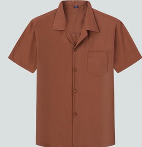 Chemise pour homme en coton mélangé, col cubain vintage de haute qualité, respirante, teinte unie, tissu sergé, manches courtes, décontractée - Product Image 5