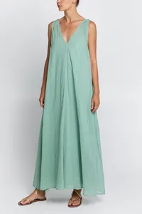 Robe longue en coton pour dames au prix de gros Robe longue décontractée teint en couleur unie sans manches à la taille naturelle - Product Image 3