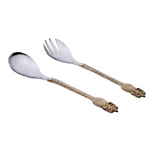 Ensemble de serveurs à salade en acier inoxydable avec poignée en laiton, design ananas, écologique, compatible lave-vaisselle, pour table à manger, outils à salade - Product Image 1