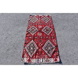 Alfombra Kilim de área grande, rojo y beige, 2,7x5,7 pies, tejido plano, lana turca, pelo de felpa, altura, patrón rectangular para alfombra de habitación de pasillo - Product Image 1