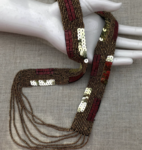 Infinity Scarf <b>Necklace</b> a Boho Bohemian <b>Statement</b> Handcrafted with Bronze Beads and Sequins Embroidered Fringe Beaded Bandana - Product Image 2