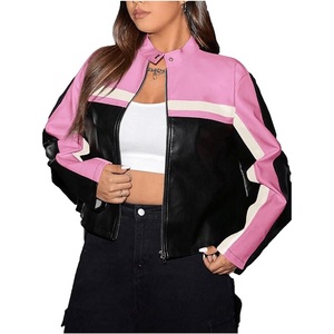 Women's Sheep Skin Leather Moto Faux <b>Jacket</b> Solid Pattern Cropped Bomber <b>Biker</b> <b>Jacket</b> for Autumn & Spring Season Women's <b>Jackets</b> - Product Image 2