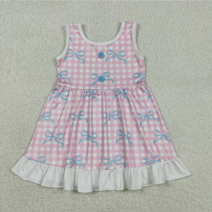 ชุดเดรสเด็กผู้หญิงแขนกุดลายตารางผูกโบว์ระบายยาวถึงเข่า - Product Image 2