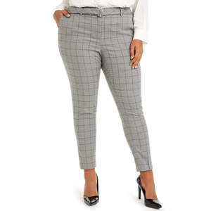 Pantaloni Calvin Klein da Donna Taglie Forti Grigio Fantasia Tartan a Gamba Stretta a Vita Alta Stile Matita per Ufficio Taglia 18W con Cintura - Product Image 1