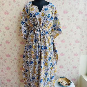 Vestido caftán con estampado floral de algodón indio, vestido Maxi de algodón 100% para mamás, vestido largo para todas las estaciones, verano, invierno, otoño y primavera - Product Image 1