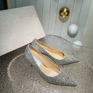 Sandalias de tacón alto para mujer de alta calidad, elegantes y modernas, con punta, brillantes, para boda, con un solo diamante, zapatos con purpurina. - Product Image 2