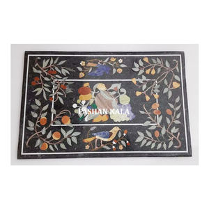 Dessus de table de forme rectangulaire en marbre noir pur avec incrustation de feuilles et d'oiseaux au design unique pour la décoration de la maison et de l'hôtel - Product Image 1
