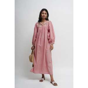 Women Pink Short Sleeve Cotton Floor-Length Gothic Floral Embroidered Yoke <b>Loose</b> Fit Casual <b>Summer</b> Wear <b>Dress</b> - Product Image 1