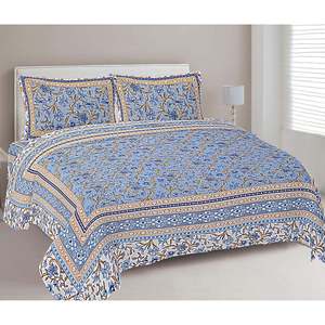 Parure de lit imprimée florale bleu pierre avec drap plat et 2 taies d'oreiller pour lit double, usage domestique (ADB1464) - Product Image 1