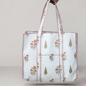 Bloque de algodón estampado a mano Reversible grande melocotón Rojo Bolsa De mano ecológica sostenible resistente bolsa de compras - Product Image 1