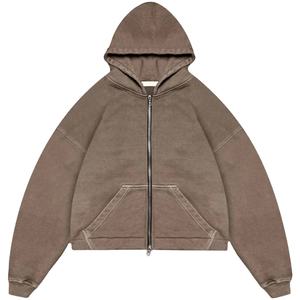 Sweat à capuche zippé surdimensionné et uni de haute qualité pour hommes, sweats à capuche et sweat-shirts à fermeture éclair délavés au soleil et lavés à l'acide - Product Image 1